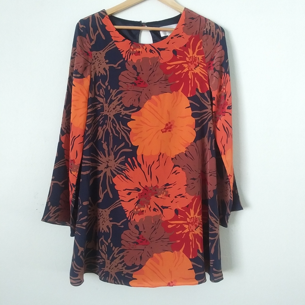 Julie Brown Silk Long Sleeve Shift Dress, Blue Orange Floral